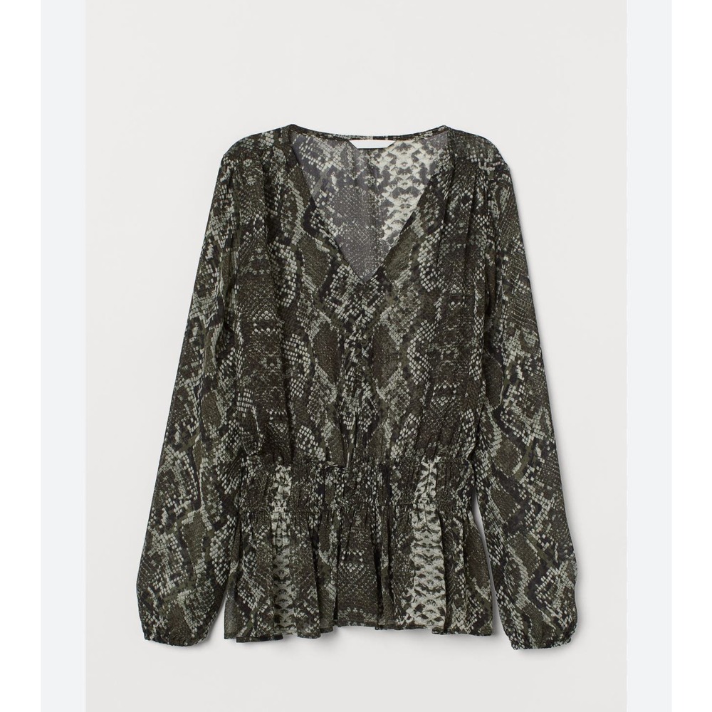 H&M Olive Green Snake Print V-Neck Peplum Blouse